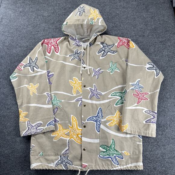 Vtg Michigan Rag & Co Tan Rainbow Starfish Canvas Hoodie Jacket Sz S M Oversized - Picture 1 of 8